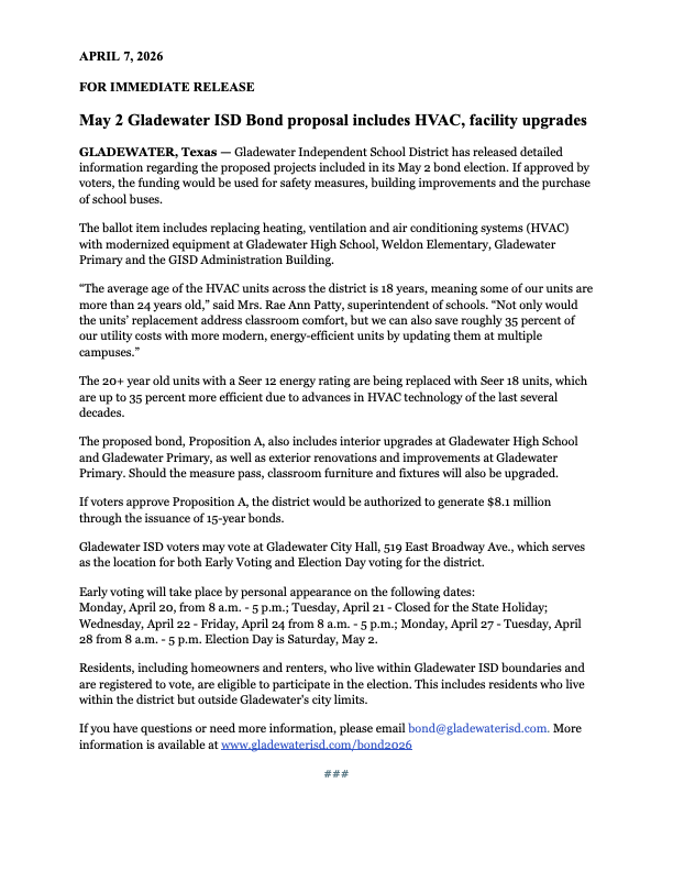 undefinedPress release announcing Gladewater ISD Bond 2026 proposal for HVAC, facility upgrades, and school buses, with voting and early voting details.undefined